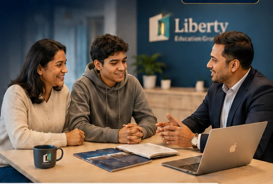 A student and family member speaking with an international education adviser